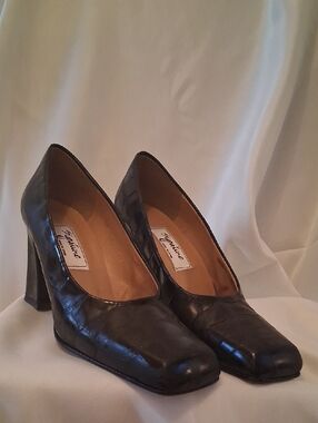 Signature Black Leather Square-Toe Block Heel Pumps